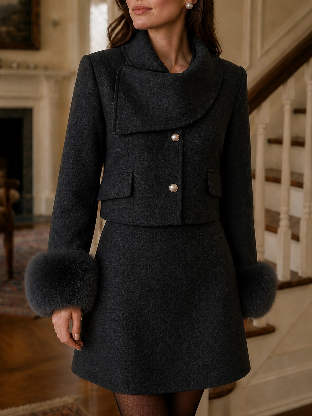 Amelie Shawl-Collar Coat fabric and trim detail