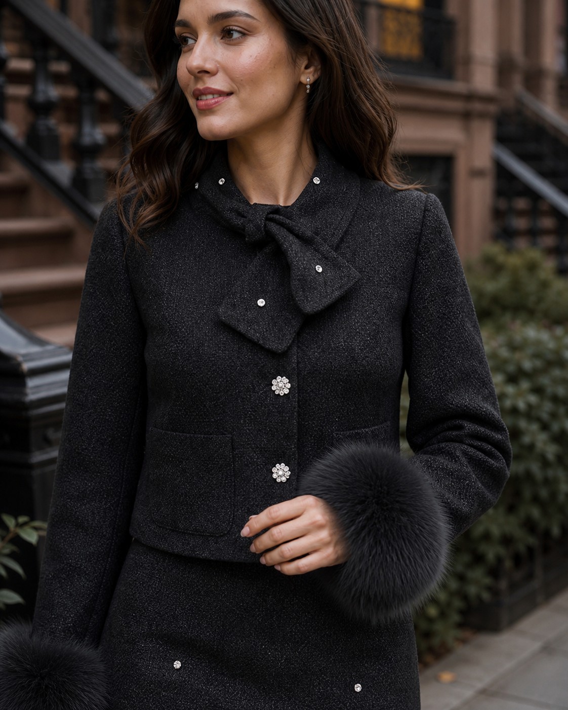 Adele Fur-Cuff Tweed Set detail 1