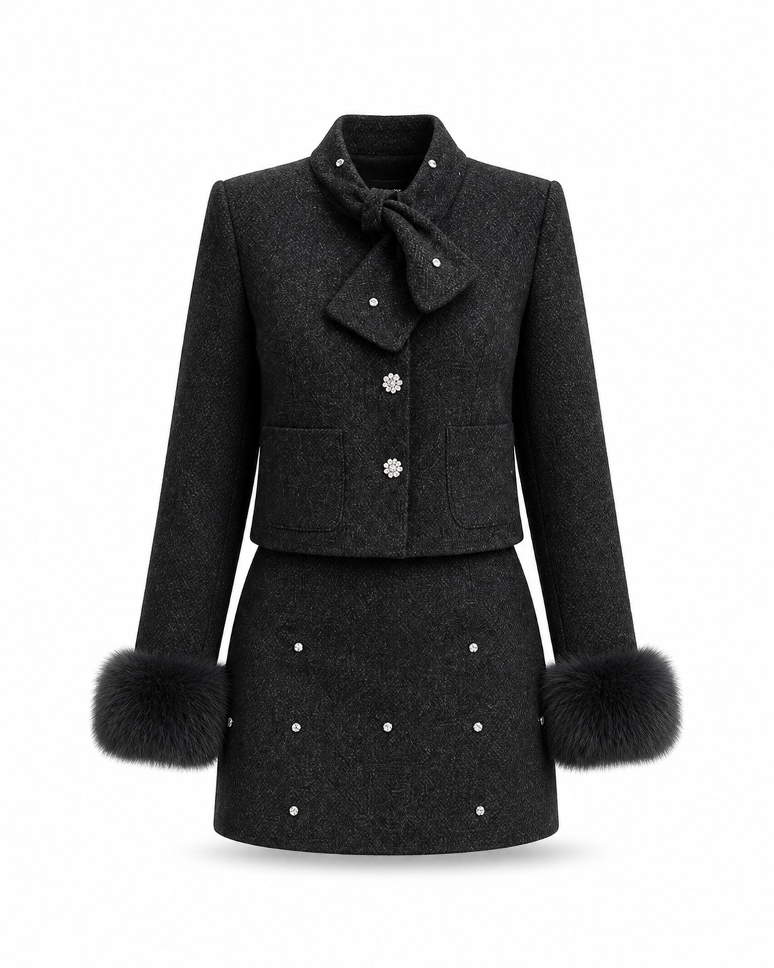 Adele Fur-Cuff Tweed Set garment-only view